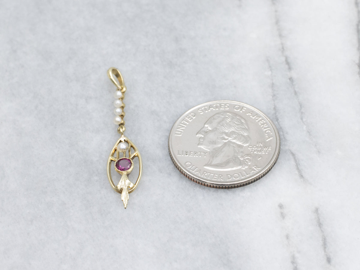 Art Nouveau Era Rhodolite Garnet and Pearl Lavalier Pendant