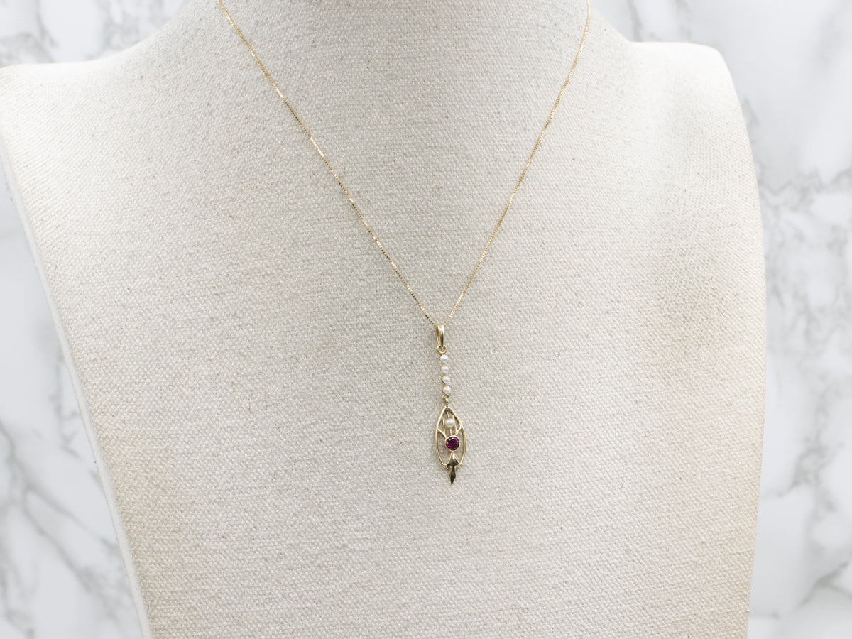 Art Nouveau Era Rhodolite Garnet and Pearl Lavalier Pendant