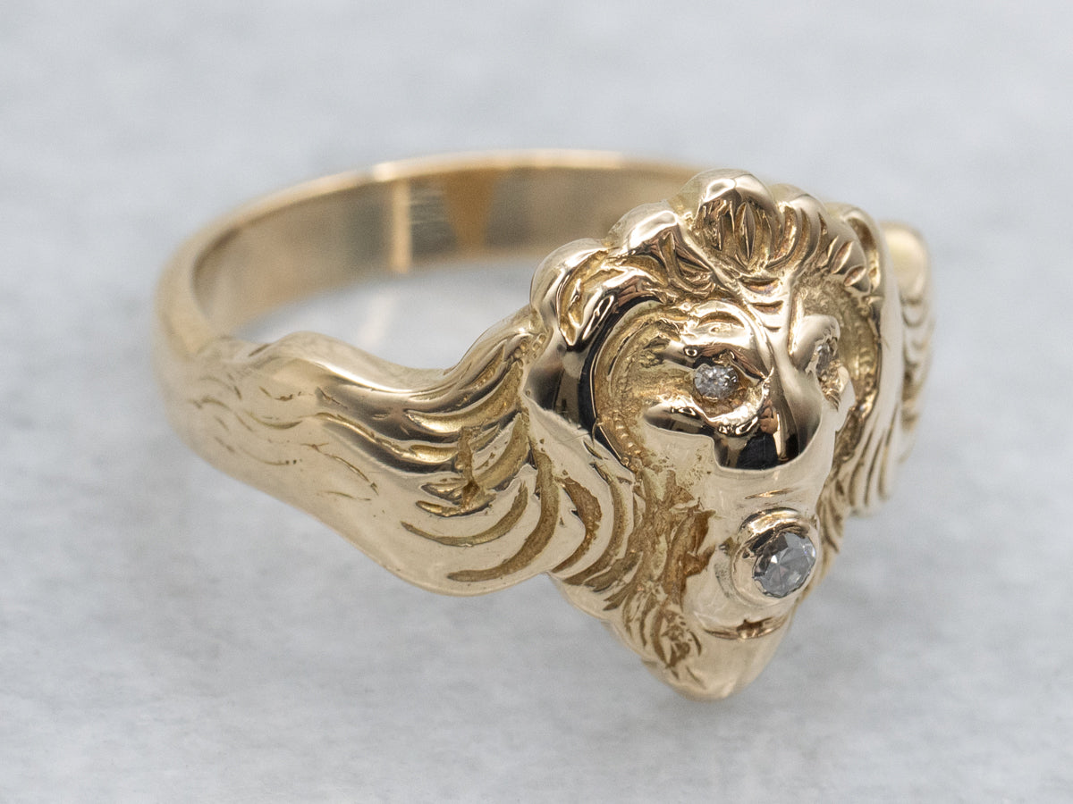 Brilliant Diamond Yellow Gold Unisex Lion Ring
