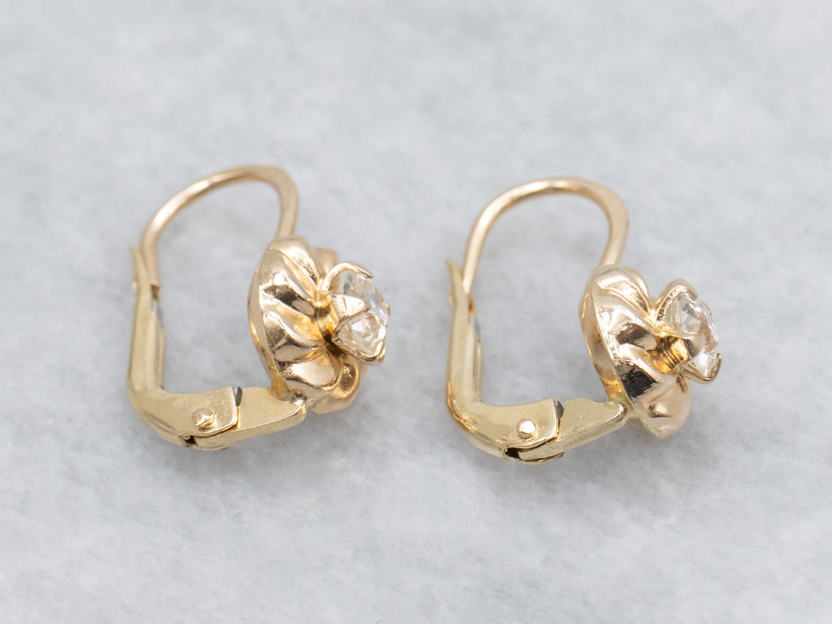 Old Mine Cut Diamond Yellow Gold Drop Earrings