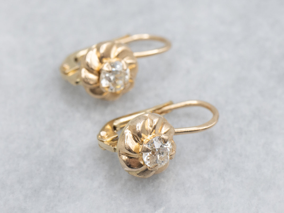 Old Mine Cut Diamond Yellow Gold Drop Earrings