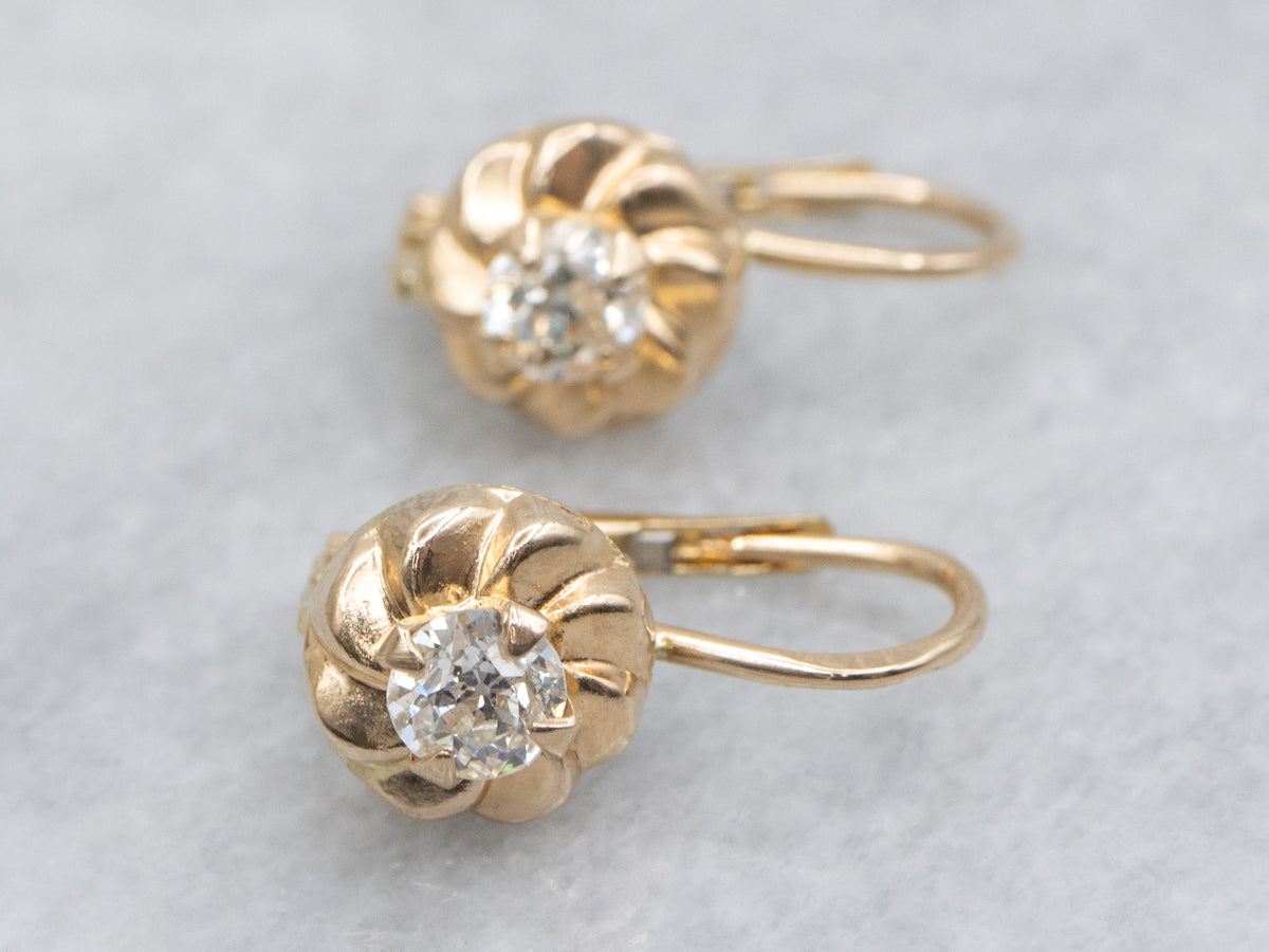 Old Mine Cut Diamond Yellow Gold Drop Earrings