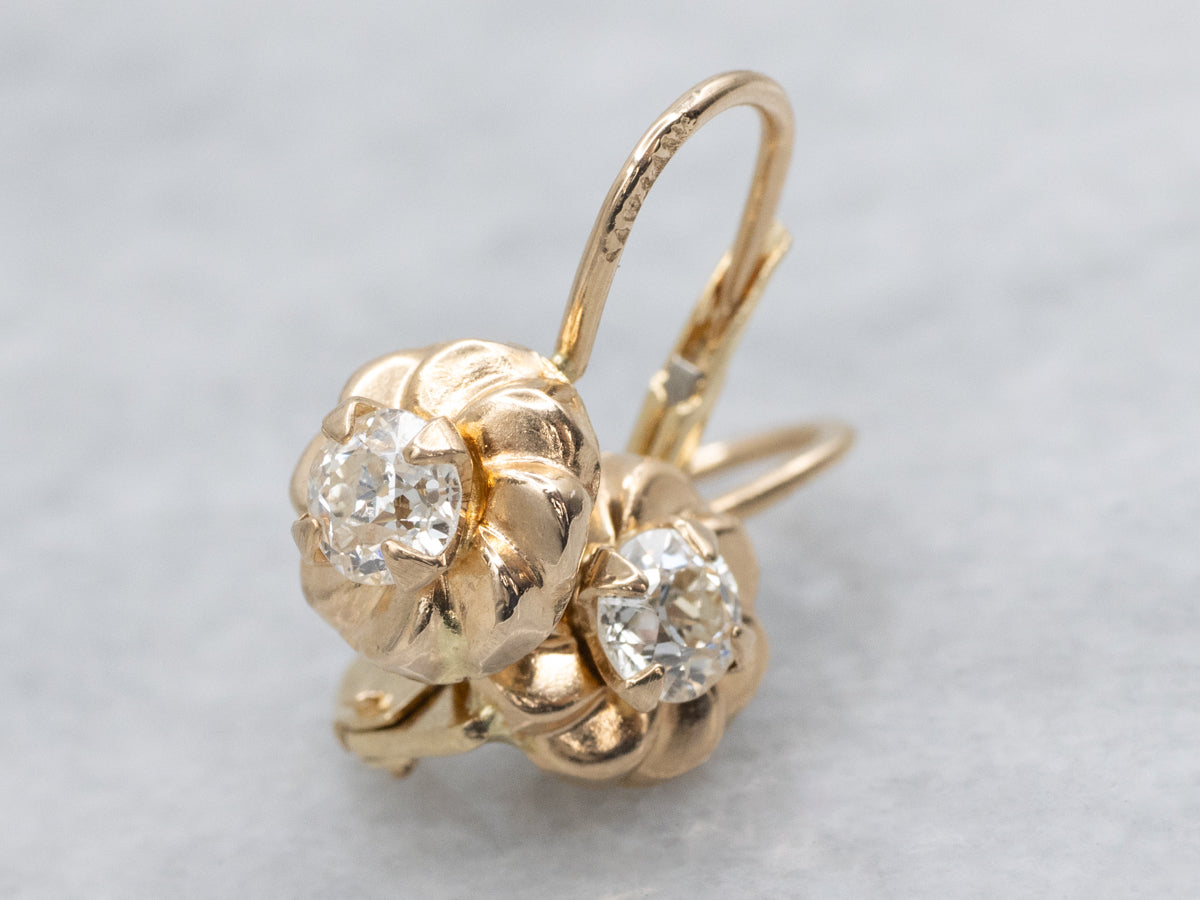 Old Mine Cut Diamond Yellow Gold Drop Earrings