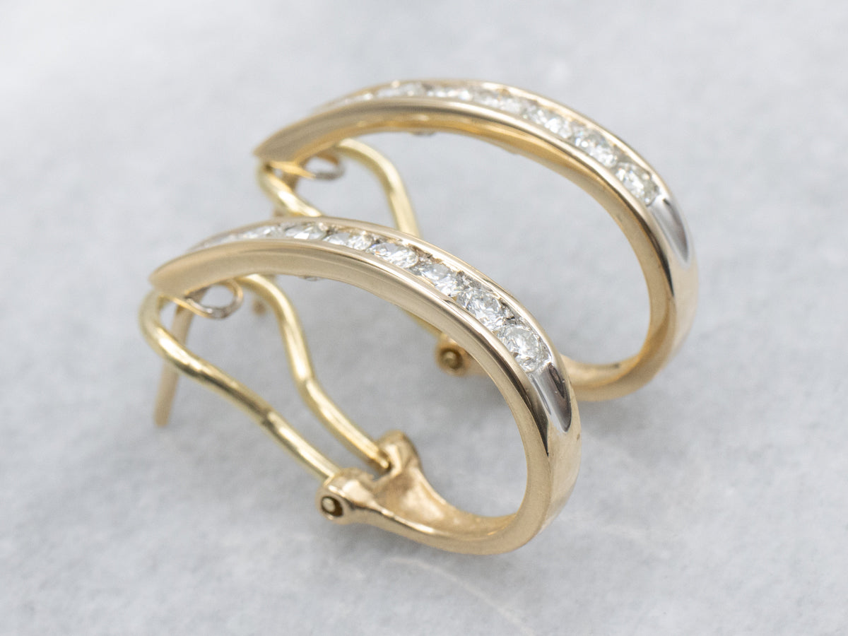 Modern Channel-Set Diamond Two-Tone Hoop Earrings