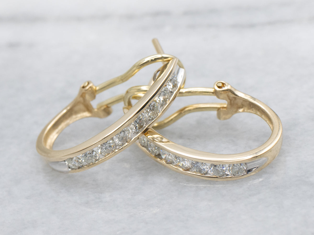 Modern Channel-Set Diamond Two-Tone Hoop Earrings