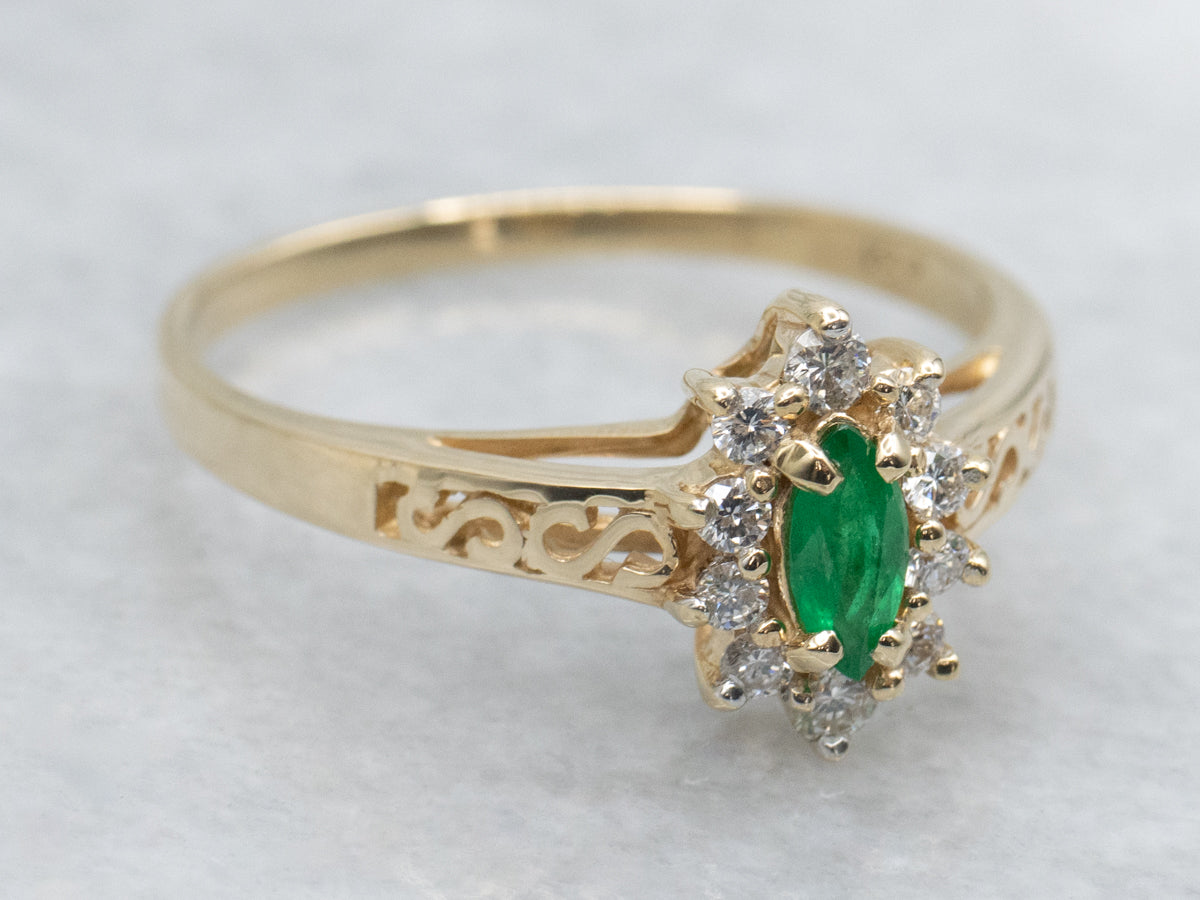 Marquise Cut Emerald and Diamond Halo Scrolling Gold Ring
