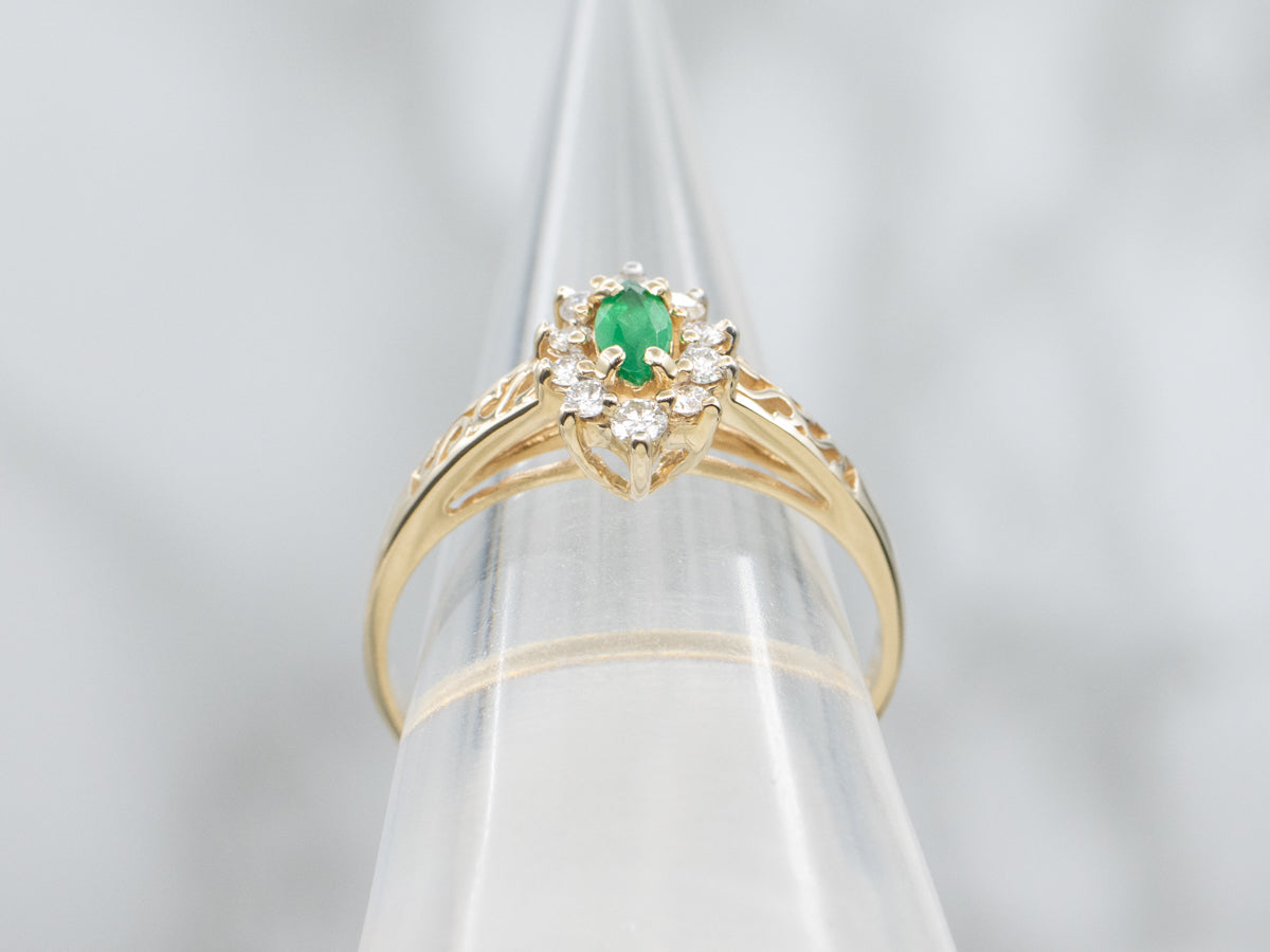 Marquise Cut Emerald and Diamond Halo Scrolling Gold Ring