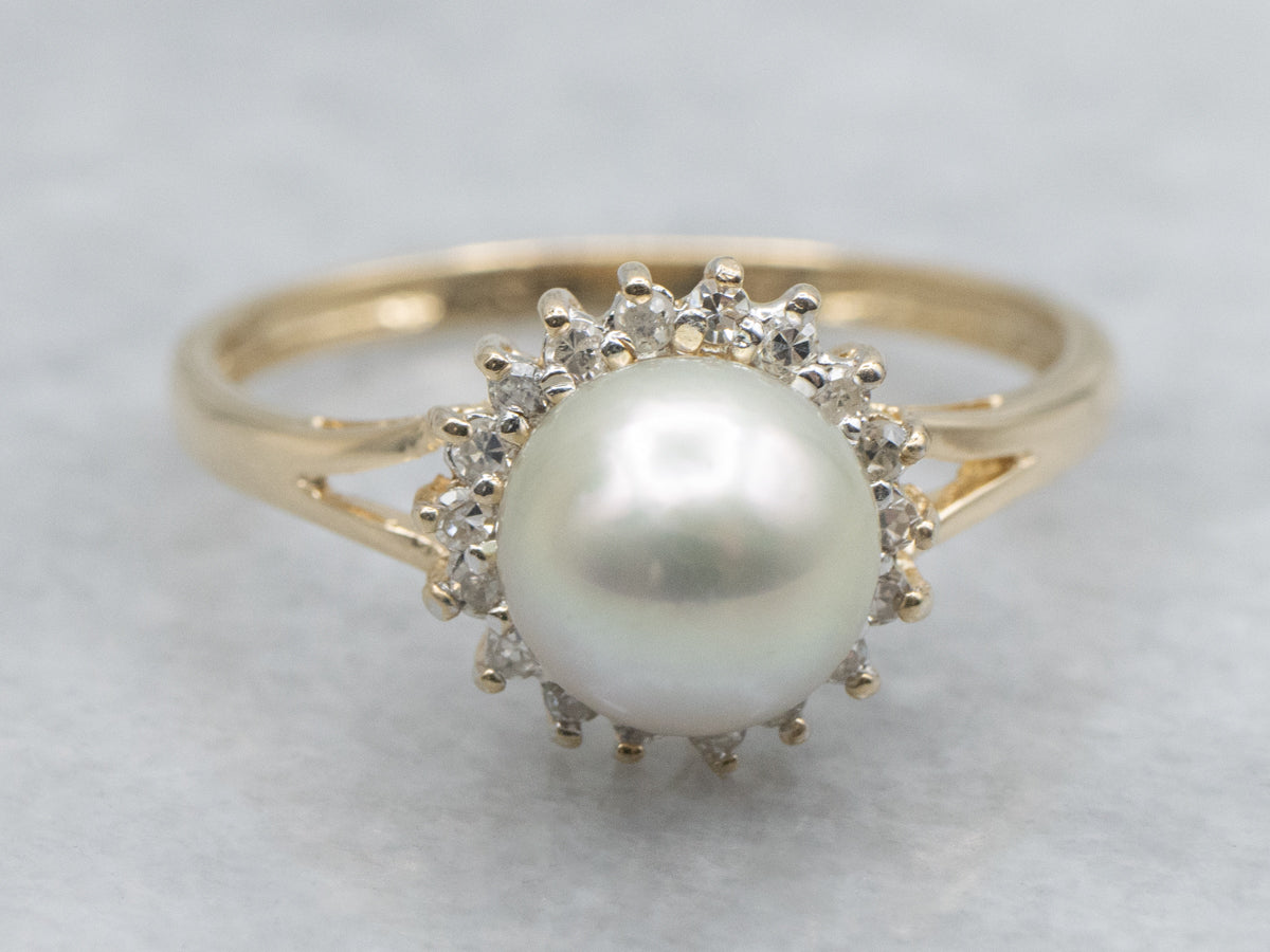 Classic Pearl and Diamond Halo Ring