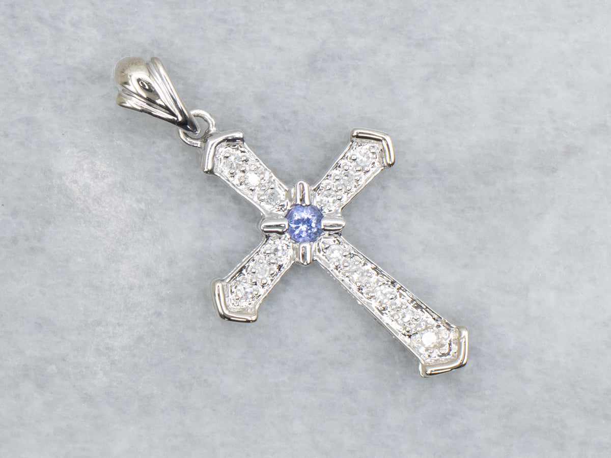 Modern Tanzanite and Diamond White Gold Cross Pendant