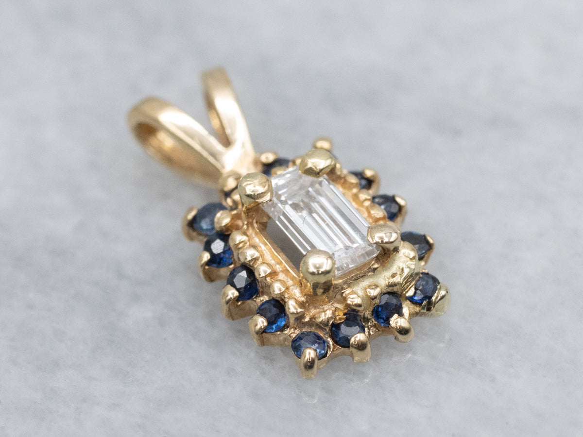 Modern Gold Diamond and Sapphire Halo Pendant