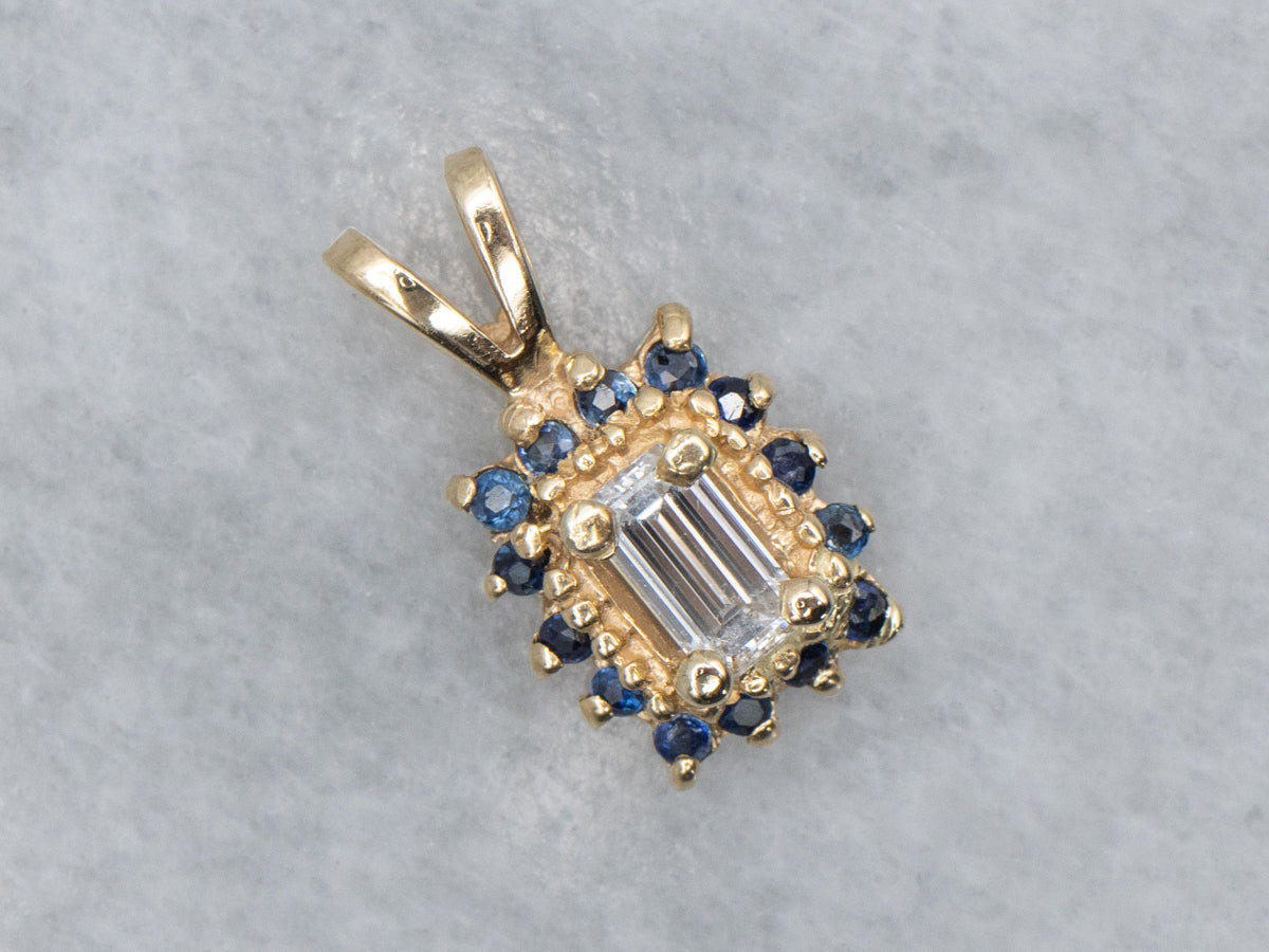 Modern Gold Diamond and Sapphire Halo Pendant