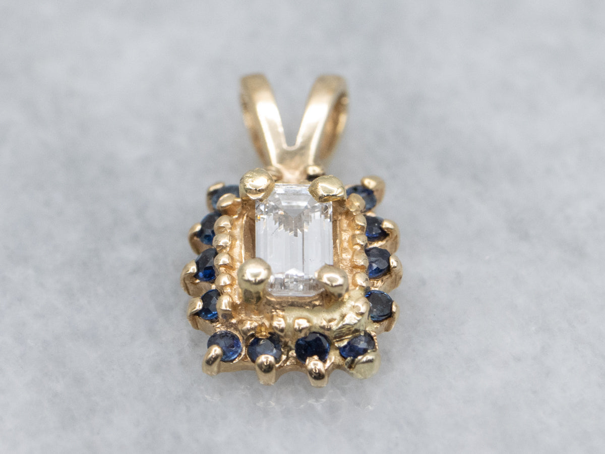 Modern Gold Diamond and Sapphire Halo Pendant