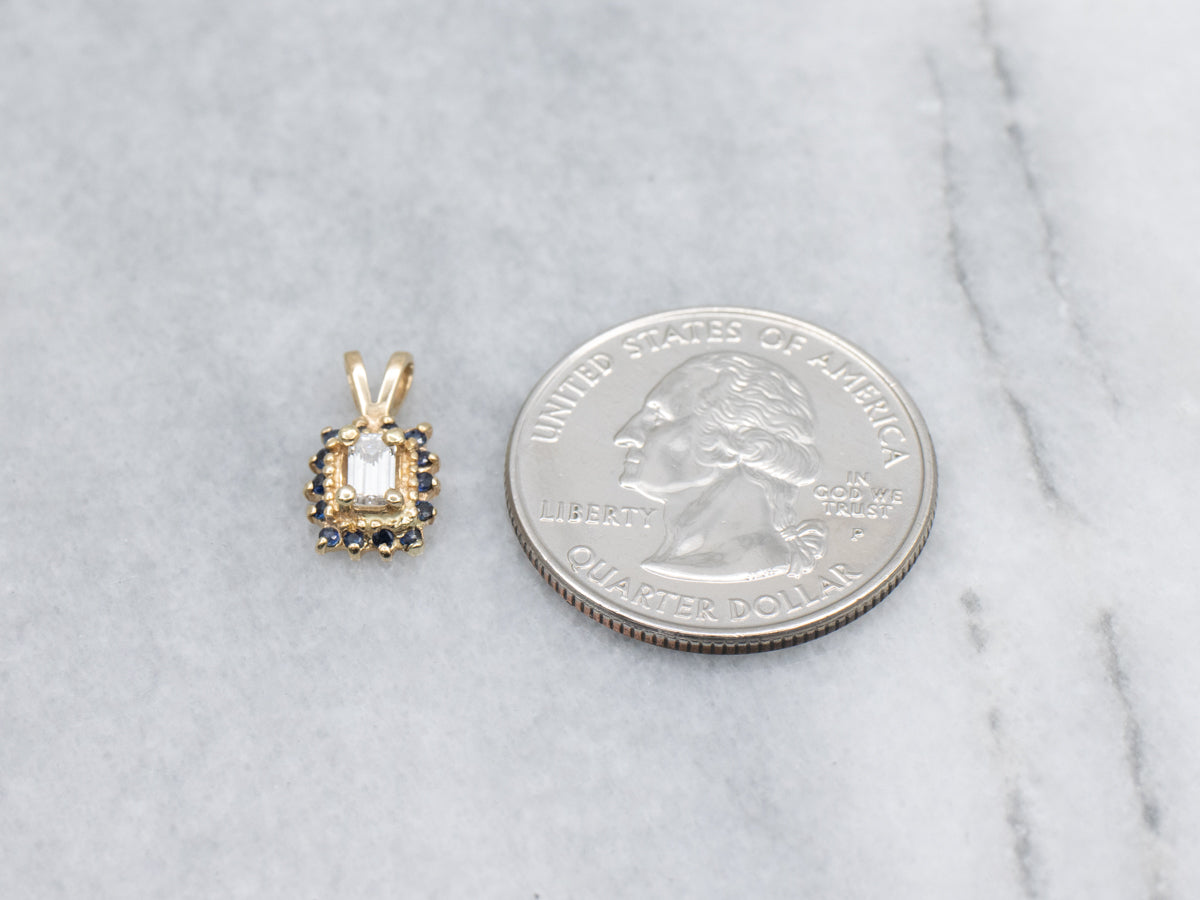 Modern Gold Diamond and Sapphire Halo Pendant