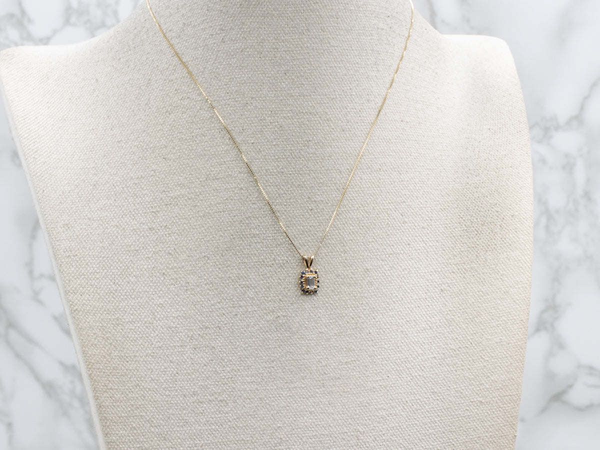 Modern Gold Diamond and Sapphire Halo Pendant