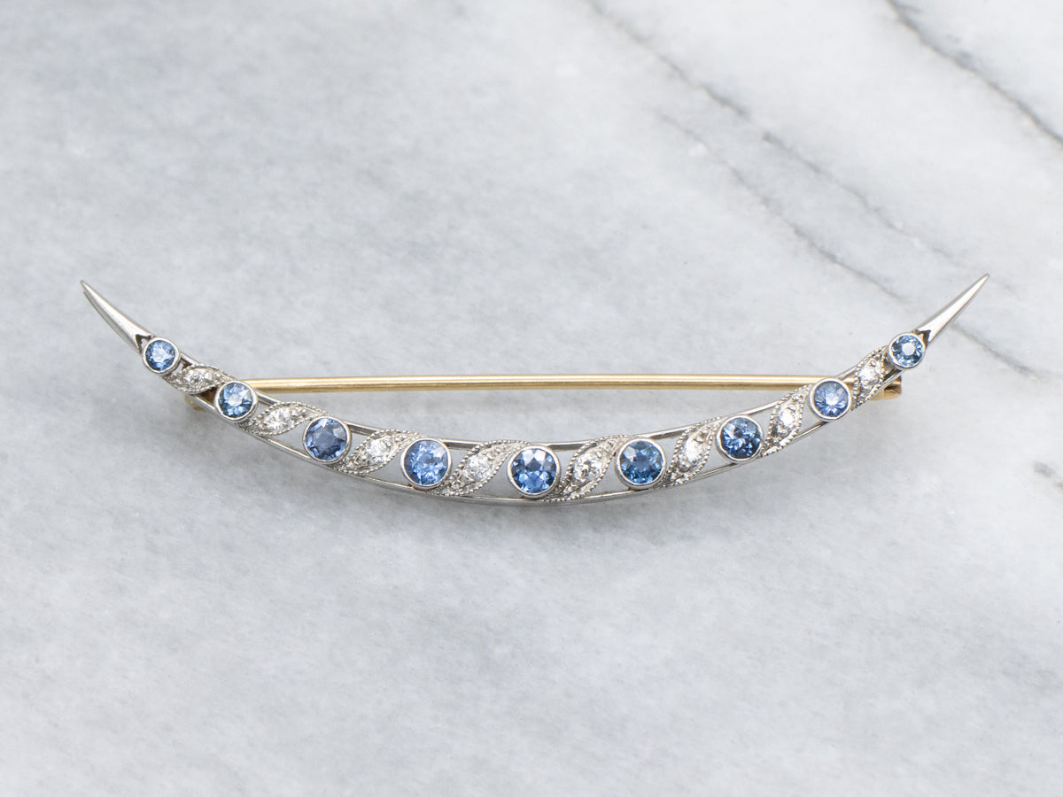 Antique Sapphire and Diamond Crescent Moon Pin