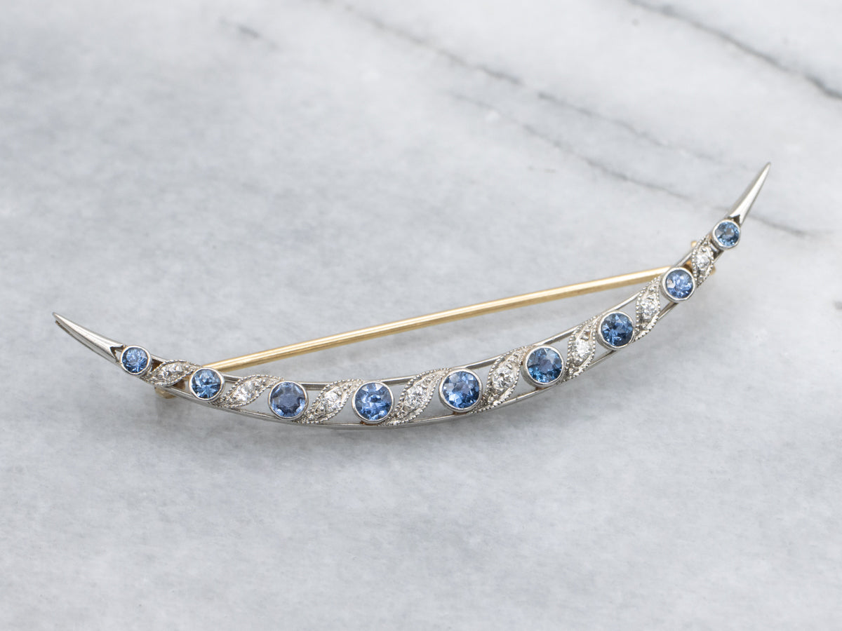 Antique Sapphire and Diamond Crescent Moon Pin