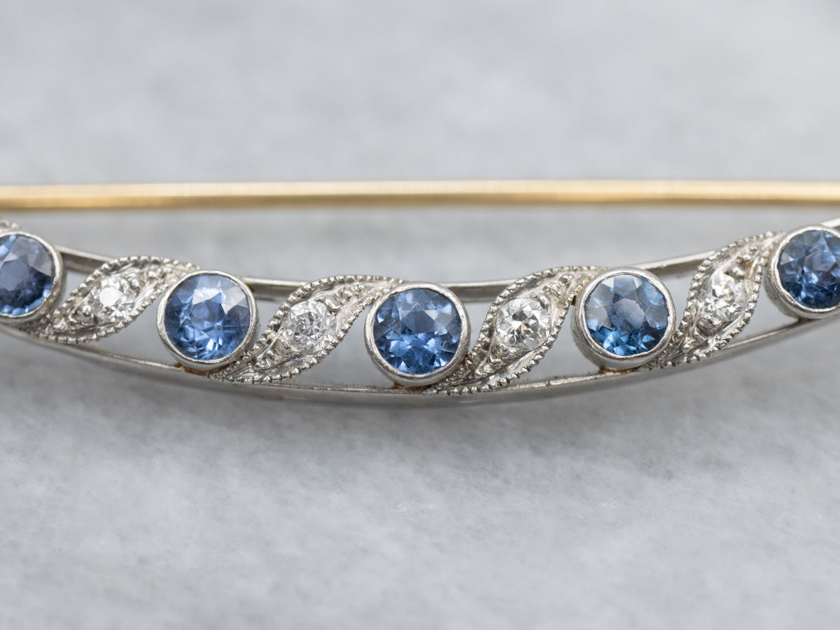 Antique Sapphire and Diamond Crescent Moon Pin