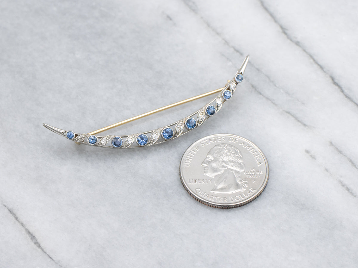 Antique Sapphire and Diamond Crescent Moon Pin