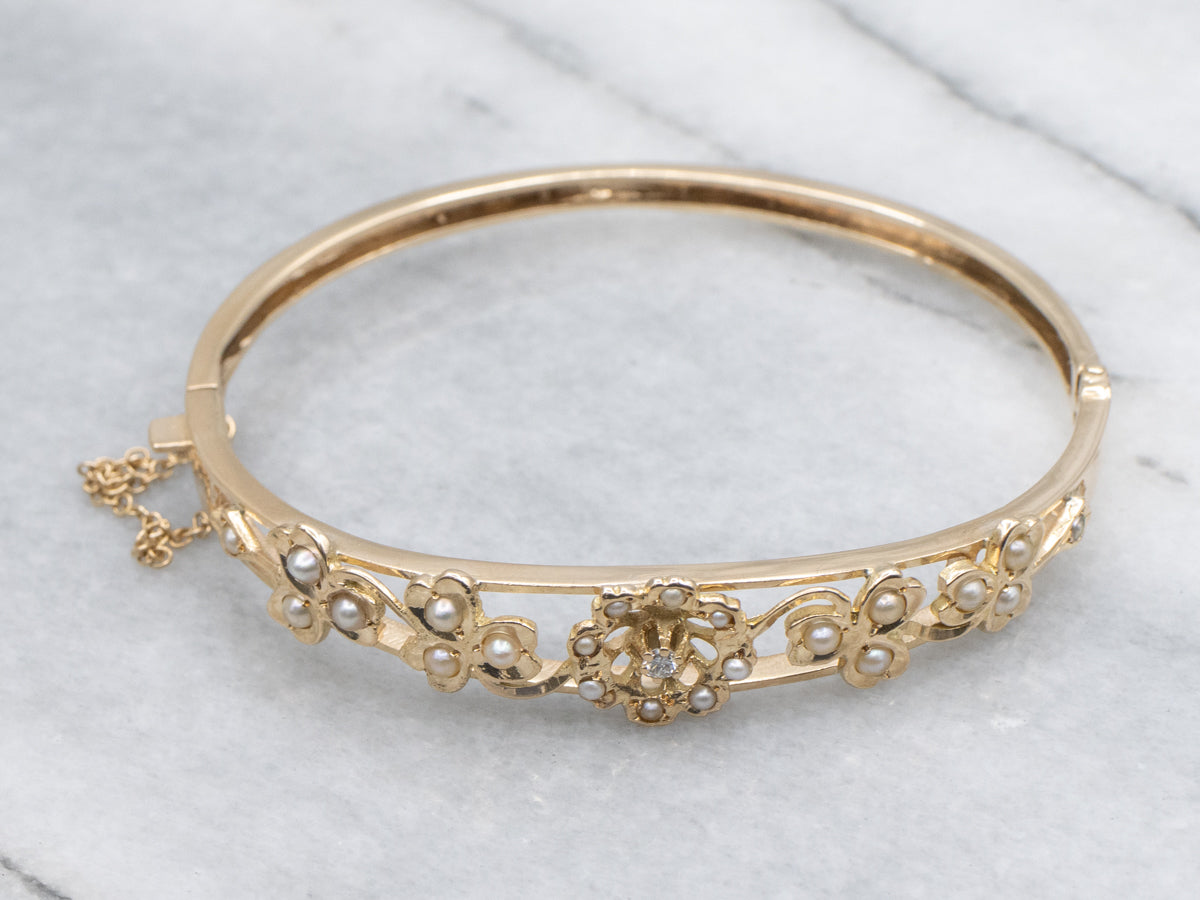 Vintage Flowers and Shamrock Diamond and Pearl Hinged Bangle Bracelet