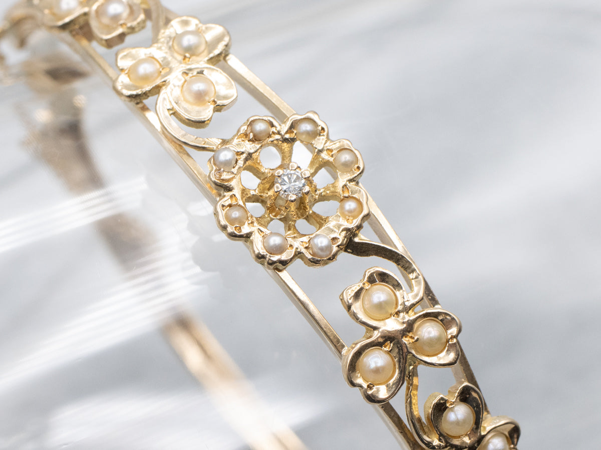 Vintage Flowers and Shamrock Diamond and Pearl Hinged Bangle Bracelet