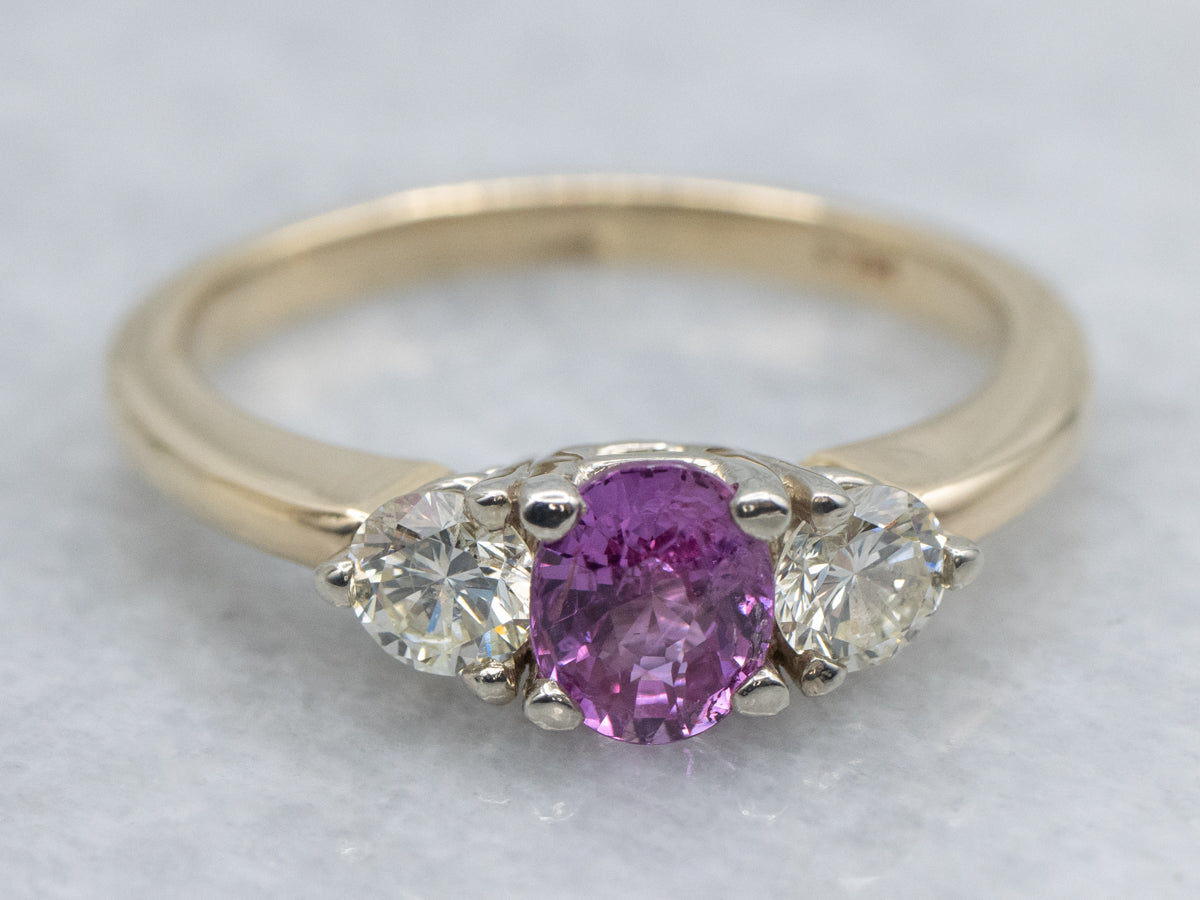Pink Sapphire and Diamond Three Stone Engagement Ring