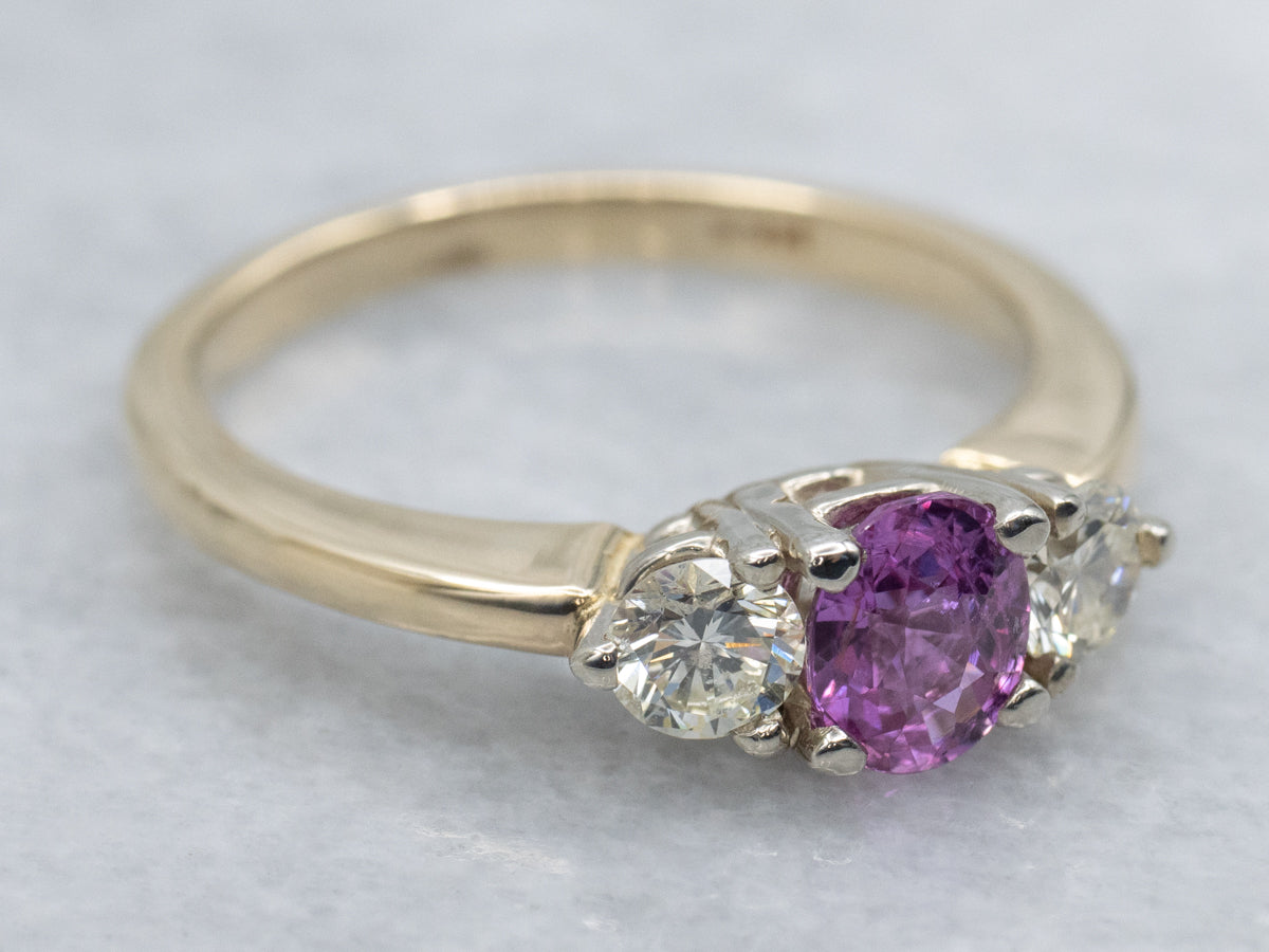 Pink Sapphire and Diamond Three Stone Engagement Ring