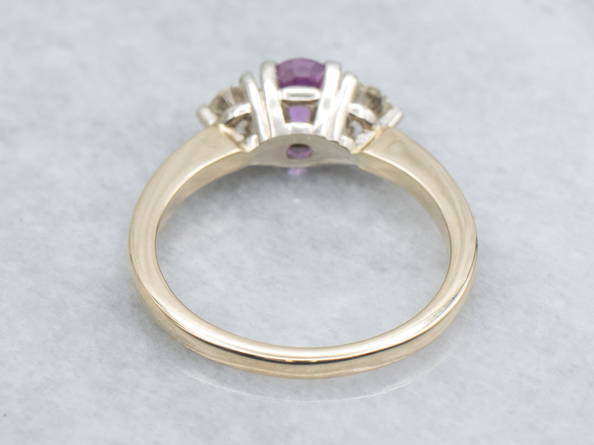Pink Sapphire and Diamond Three Stone Engagement Ring