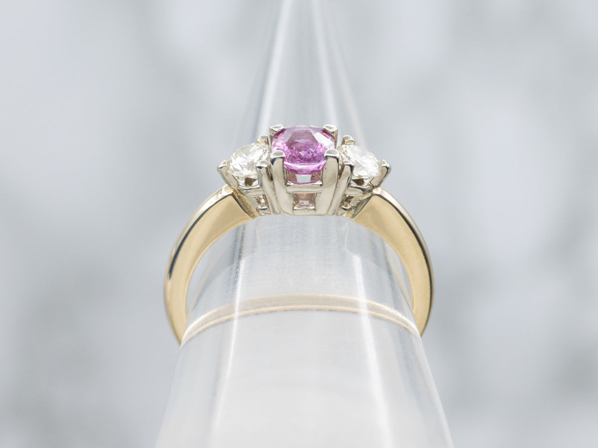 Pink Sapphire and Diamond Three Stone Engagement Ring