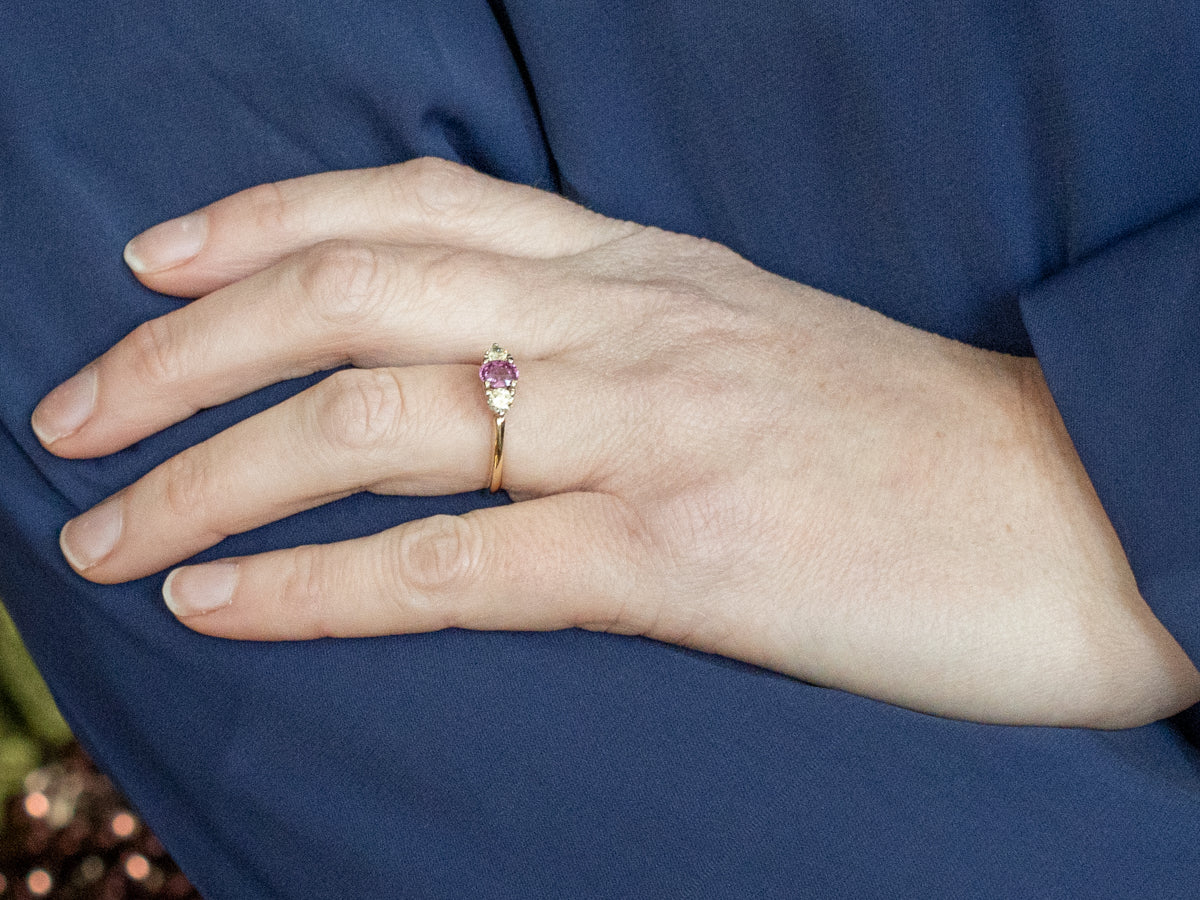 Pink Sapphire and Diamond Three Stone Engagement Ring