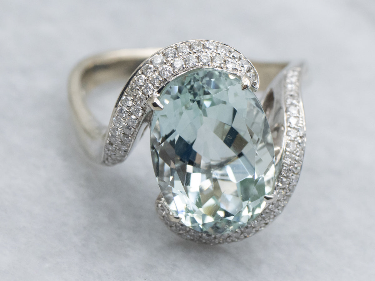 Modern White Gold Aquamarine and Diamond Bypass Cocktail Ring