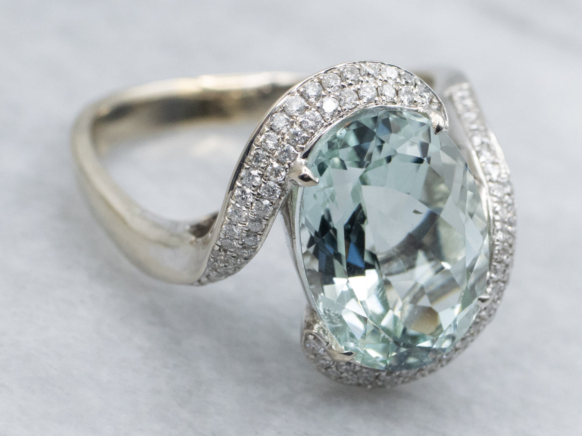 Modern White Gold Aquamarine and Diamond Bypass Cocktail Ring