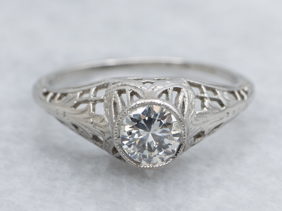 Antique 1920s Platinum Bezel-Set Diamond Solitaire Engagement Ring