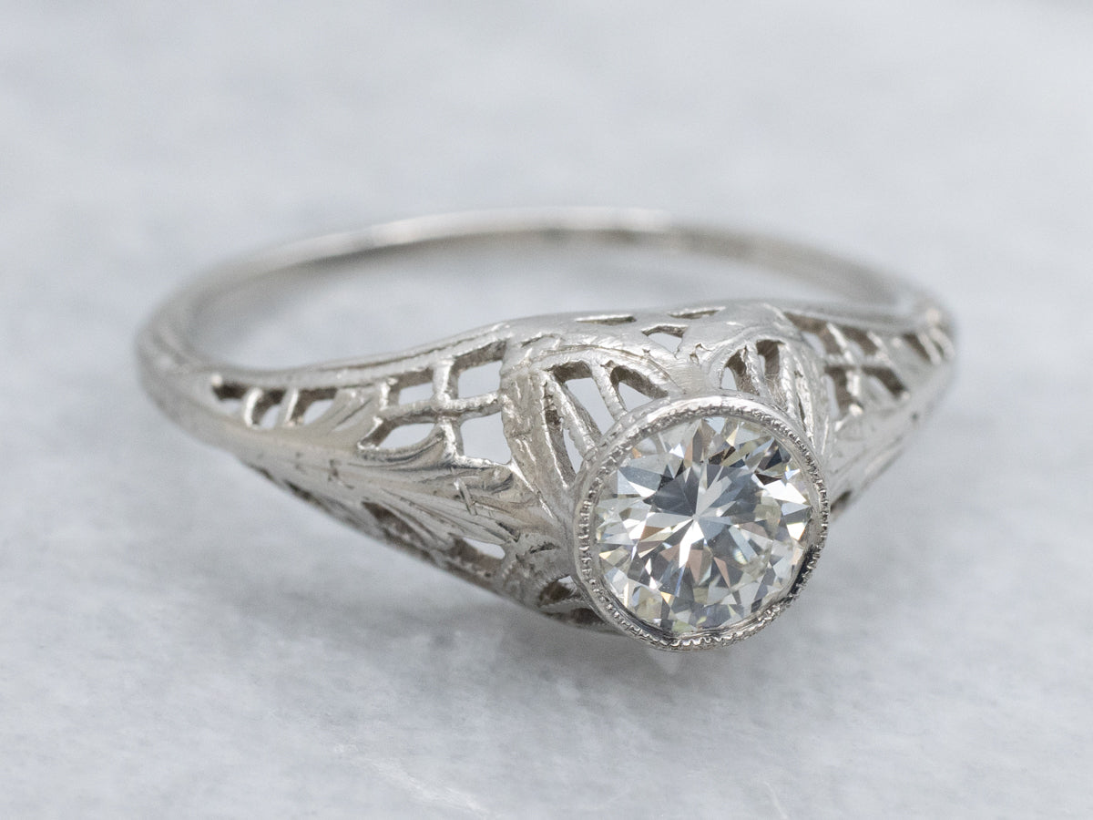 Antique 1920s Platinum Bezel-Set Diamond Solitaire Engagement Ring