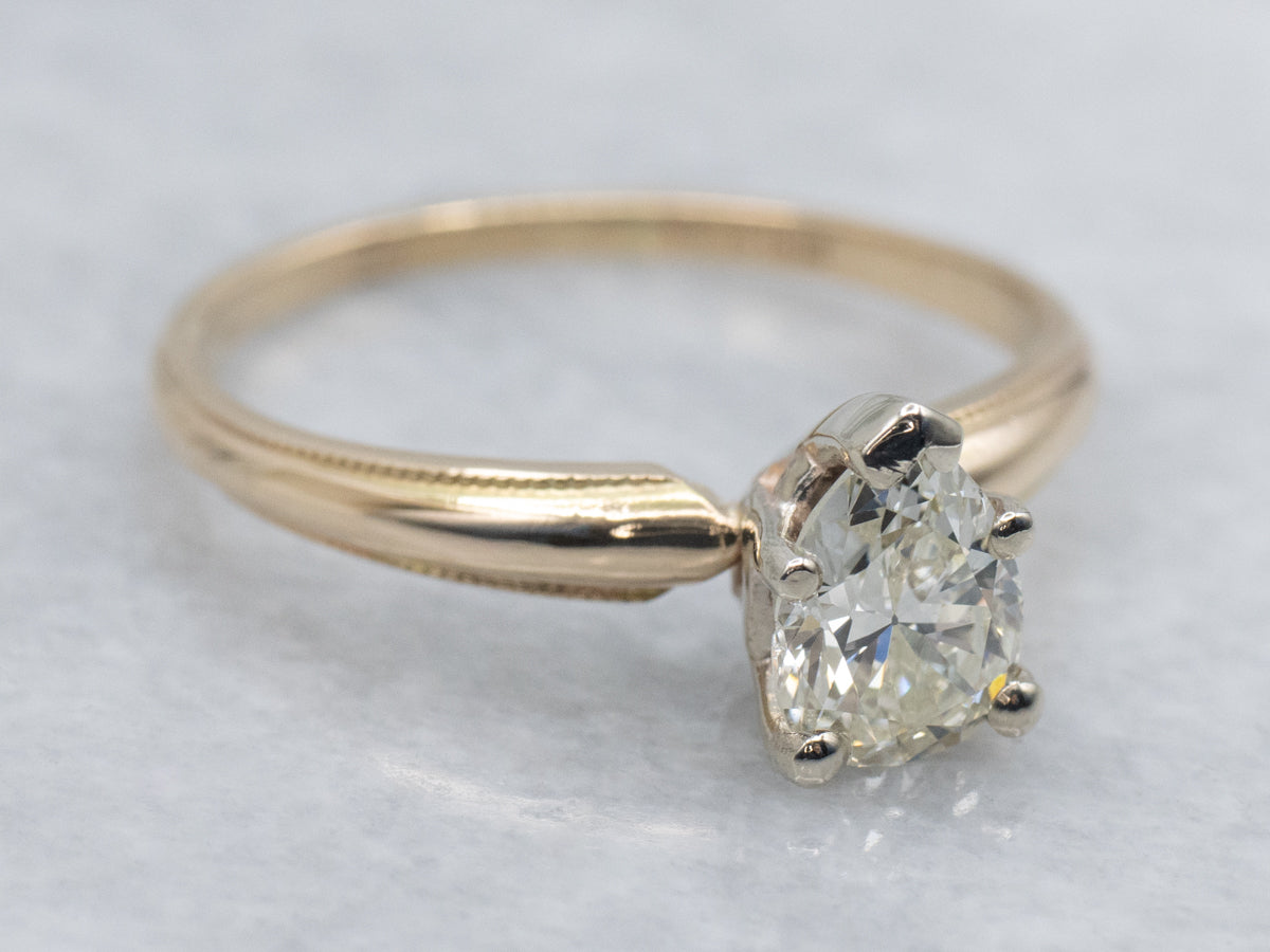 Pear-Cut Diamond Solitaire Two-Tone Gold Engagement Ring with Milgrain Edge