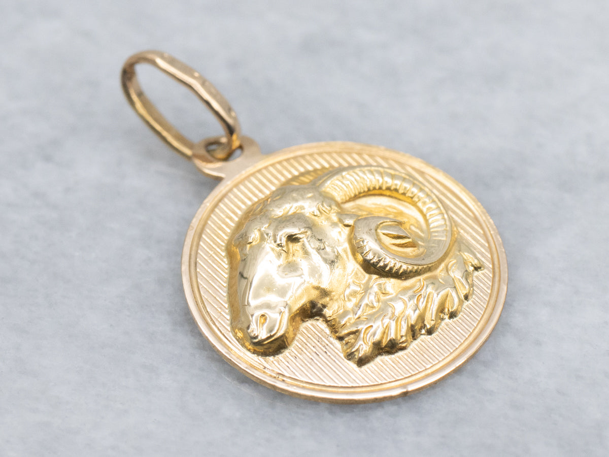 Yellow Gold Aries the Ram Zodiac Disc Pendant