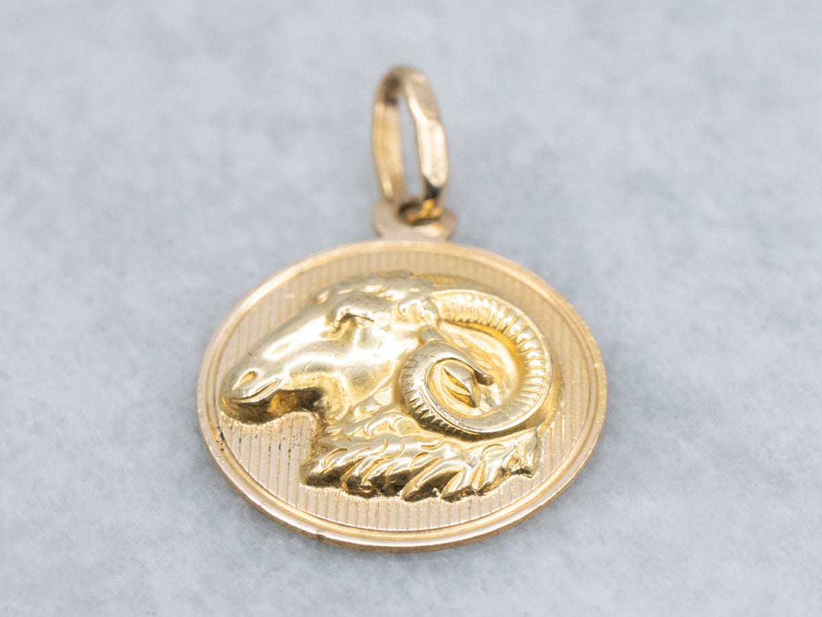 Yellow Gold Aries the Ram Zodiac Disc Pendant