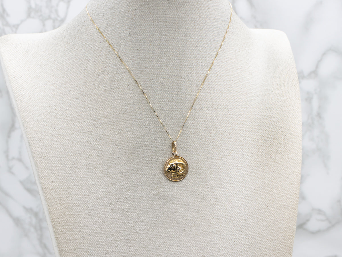 Yellow Gold Aries the Ram Zodiac Disc Pendant
