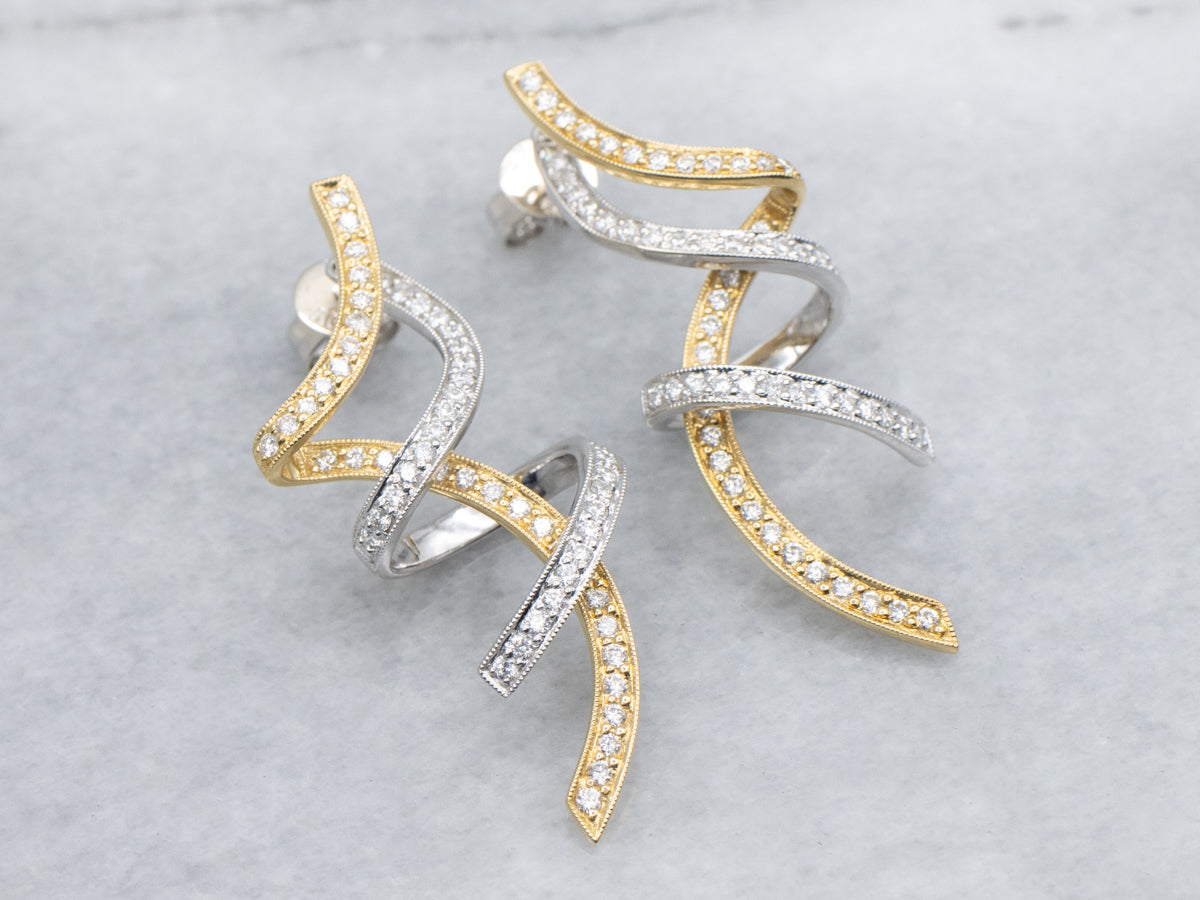 Twisting Modern Yellow and White Gold Diamond Drop Earrings