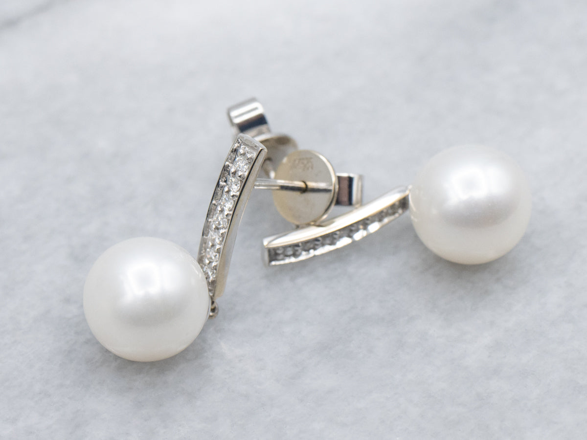 Modern White Gold and Diamond Saltwater Pearl Drop Earrings