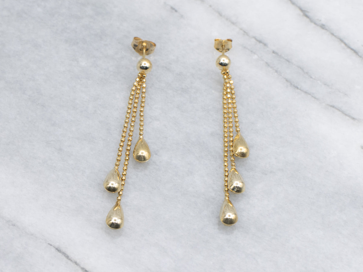 Teardrop Gold Triple Beaded Chain Dangle Earrings