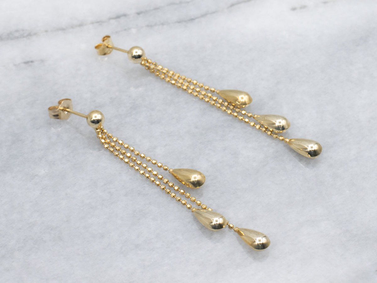 Teardrop Gold Triple Beaded Chain Dangle Earrings