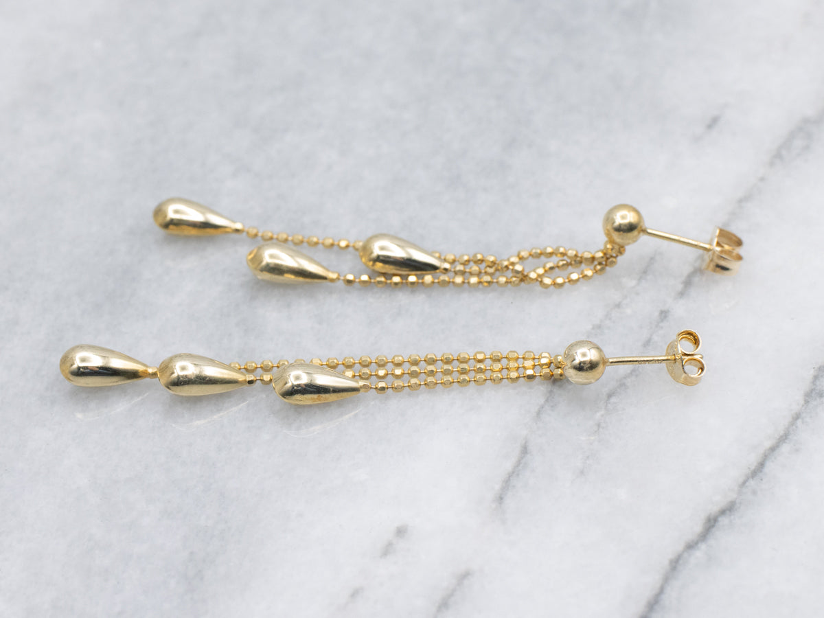 Teardrop Gold Triple Beaded Chain Dangle Earrings