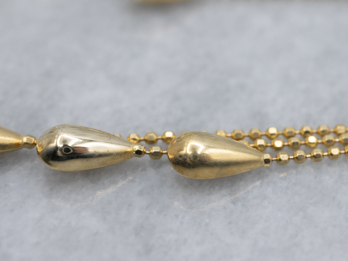 Teardrop Gold Triple Beaded Chain Dangle Earrings