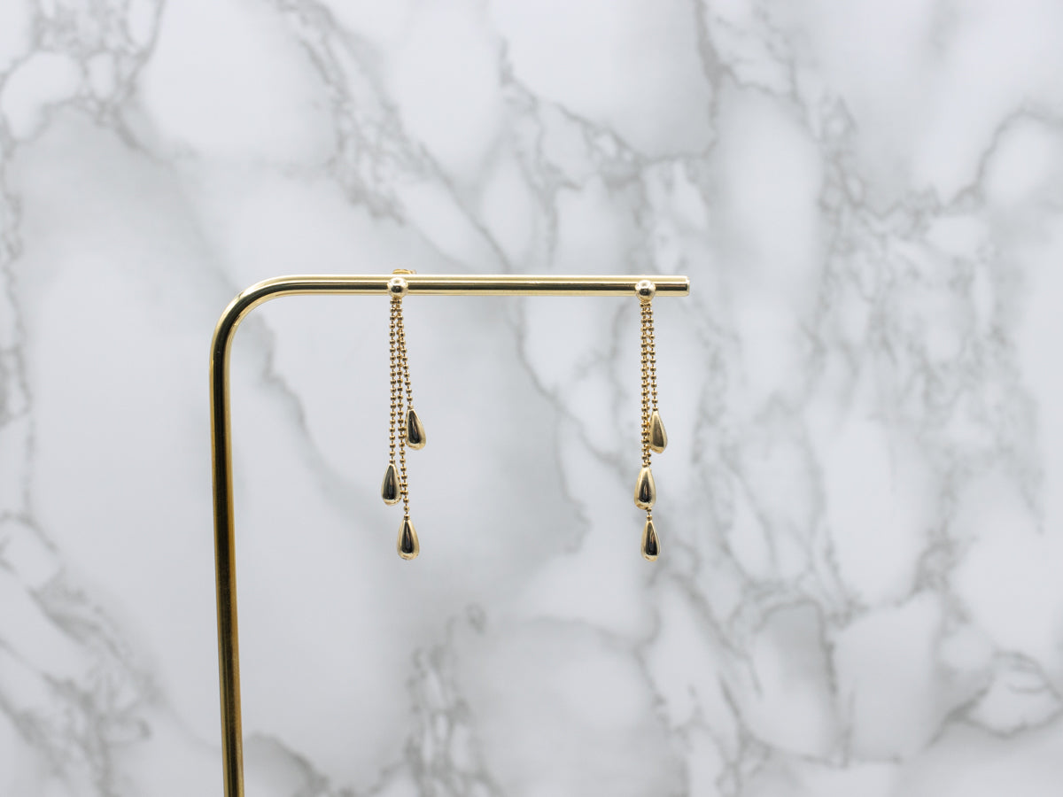 Teardrop Gold Triple Beaded Chain Dangle Earrings