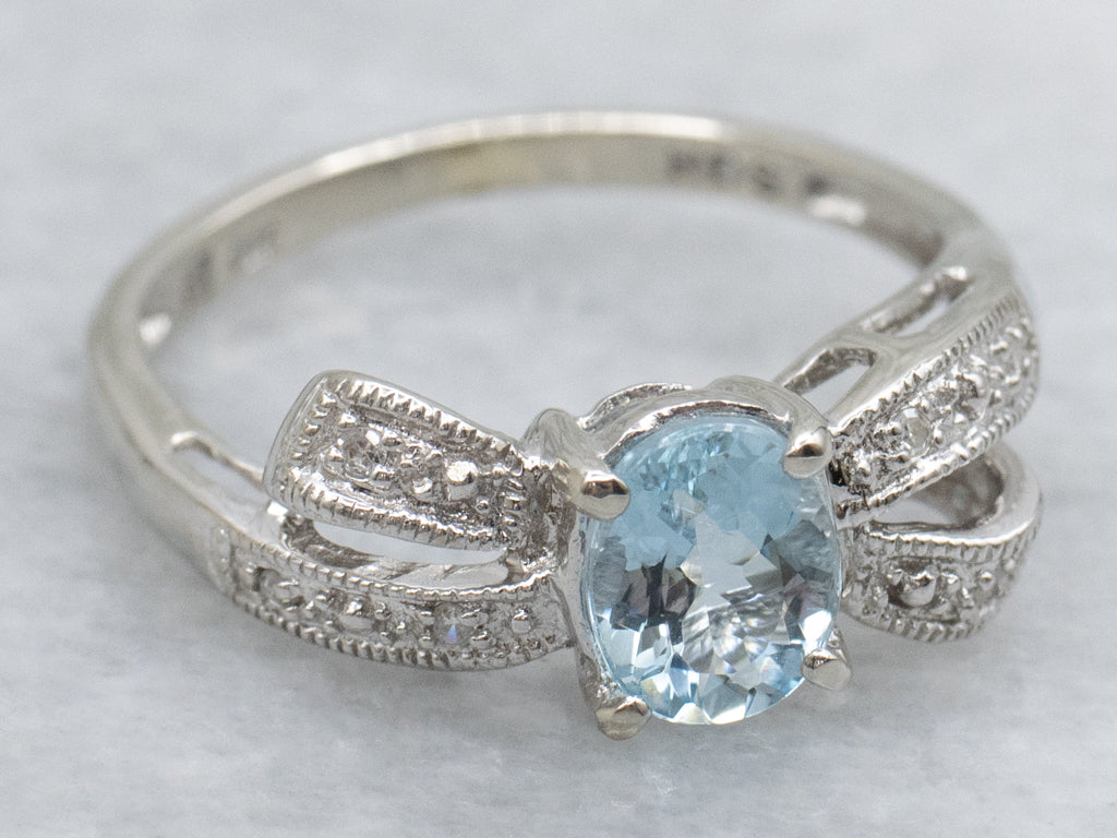Aquamarine and Diamond White Gold Ribbon Ring