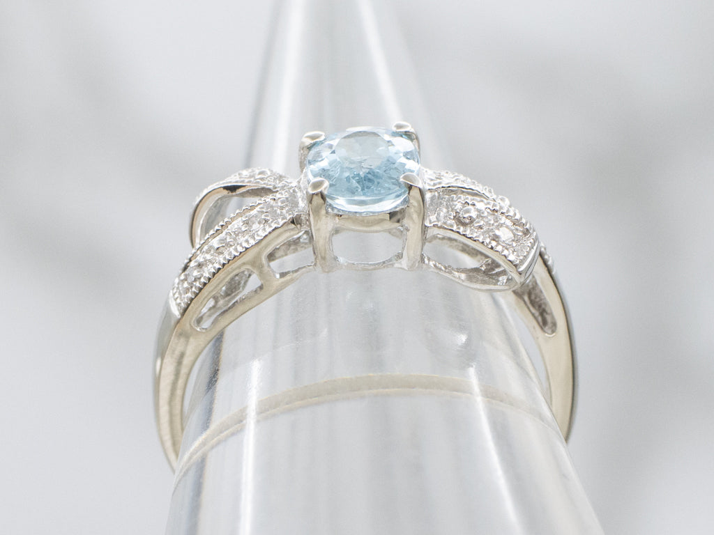 Aquamarine and Diamond White Gold Ribbon Ring