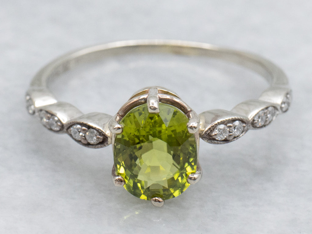 Peridot and Diamond Scalloped White Gold Ring