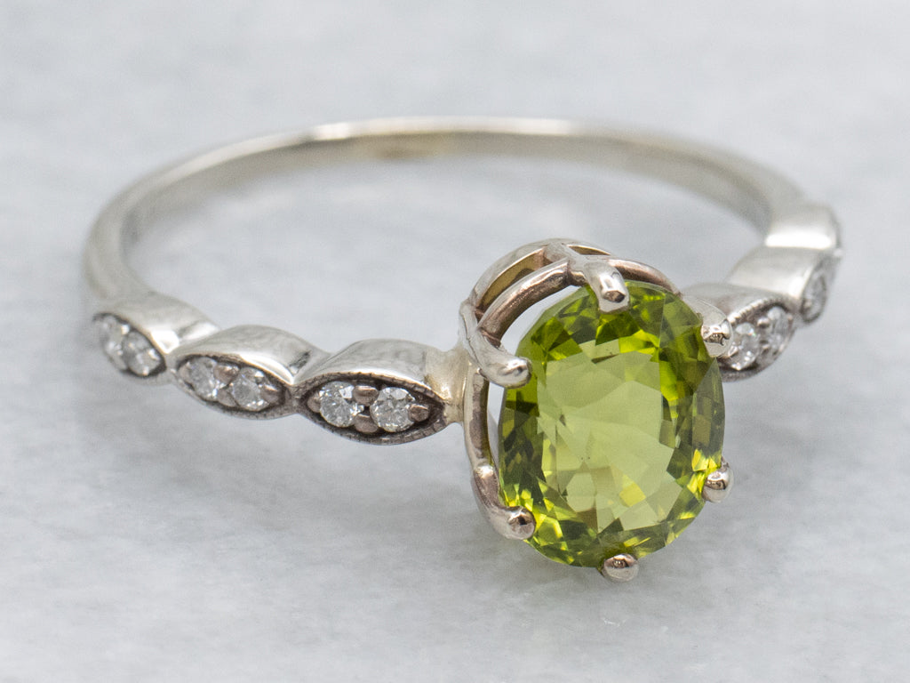 Peridot and Diamond Scalloped White Gold Ring