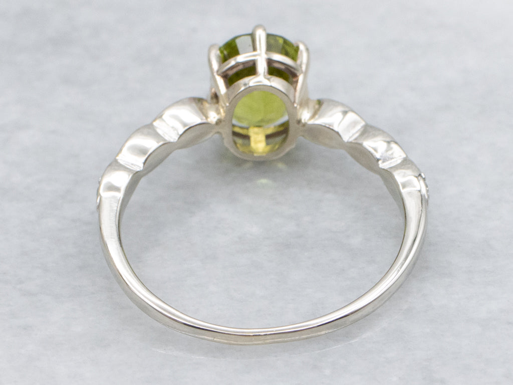Peridot and Diamond Scalloped White Gold Ring