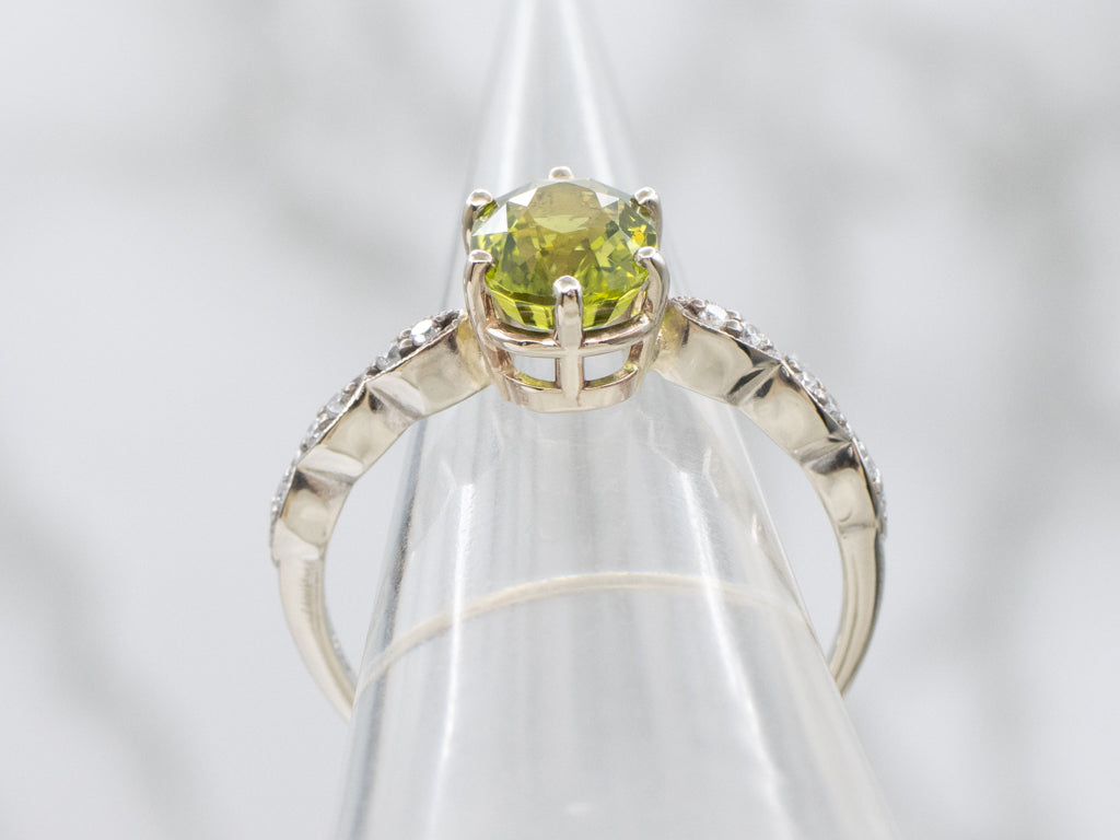 Peridot and Diamond Scalloped White Gold Ring
